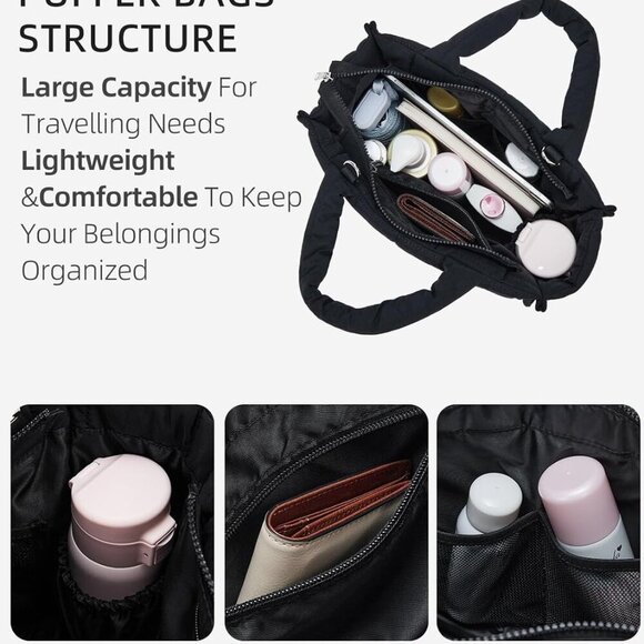 s for Women Quilted Tote Bag Puffy Weekender Overnight Bag Nylon Shoulder Handba - Picture 3 of 6